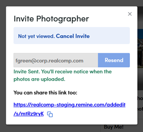 image showing invite photographer email sent & share link