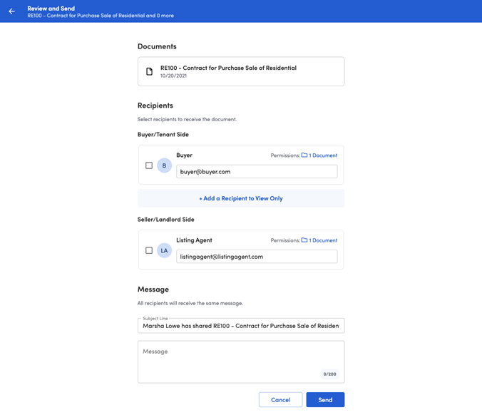 screenshot of send documents page in remine